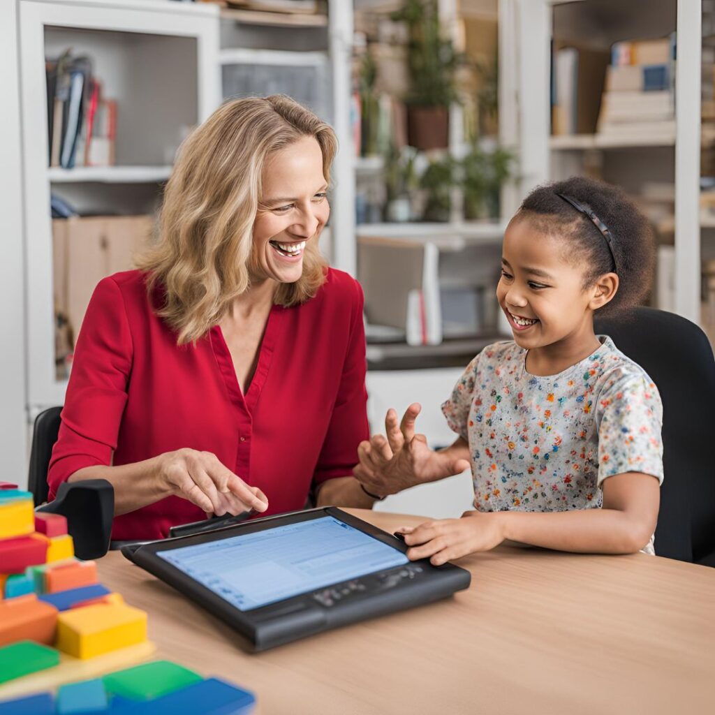 Speech therapist helping young girl to use an i-Pad with accessible and inclusive content and resources