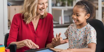 Speech therapist helping young girl to use an i-Pad with accessible and inclusive content and resources