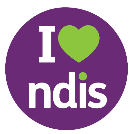 A purple circle with white text reading I and ndis. A green heart symbol replaces the word love, forming the phrase I love ndis—perfect for promoting music therapy courses or speech therapy for kids on the Gold Coast.