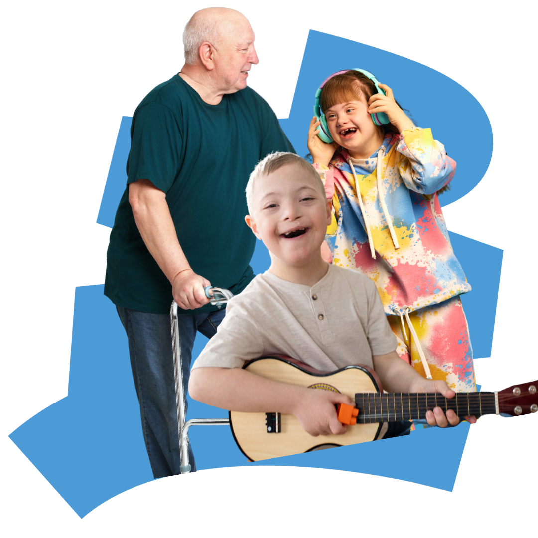 An older man with a walker stands next to a girl with Down syndrome wearing headphones and a colorful outfit; in front, a boy with Down syndrome smiles, holding a small guitar—capturing the joy of music therapy Gold Coast. Blue abstract shapes are in the background.