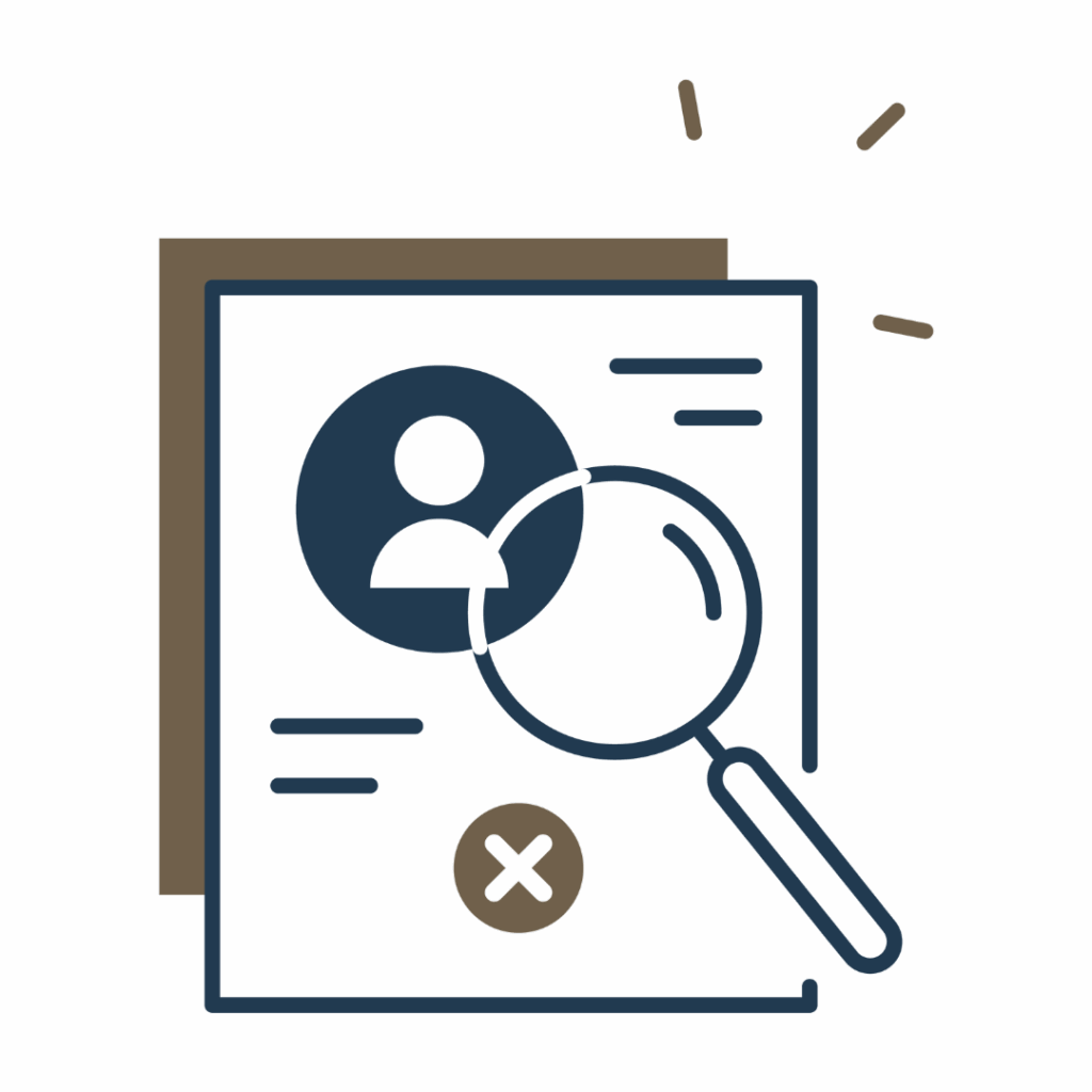 Illustration of a document with a profile icon, a magnifying glass over it, and a large X symbol, indicating rejection or denial—ideal for concepts such as unapproved music therapy courses or declined speech therapy for kids. Abstract lines suggest emphasis.