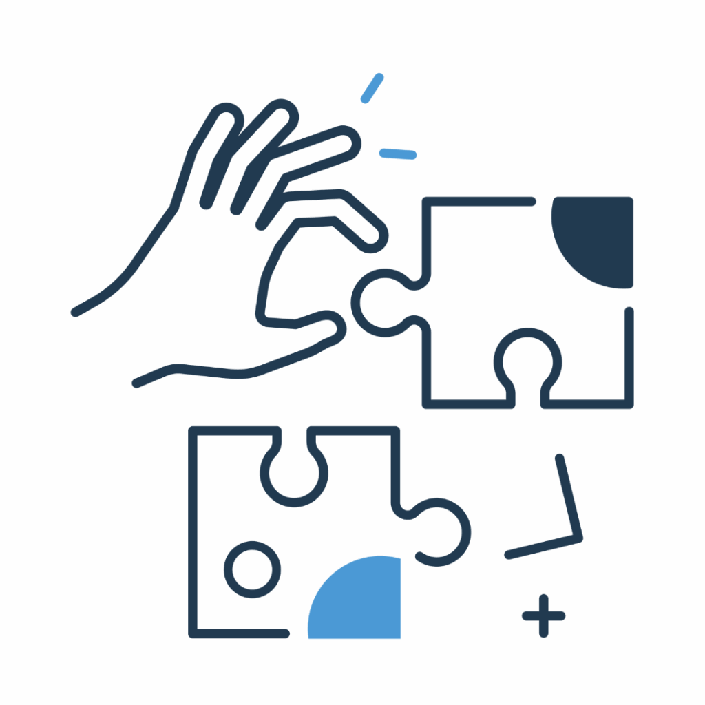 A simple line drawing of a hand placing a puzzle piece with a dark corner above two others, one with a light blue corner, suggests progress—perfect for illustrating speech therapy for kids. A small plus sign appears nearby.