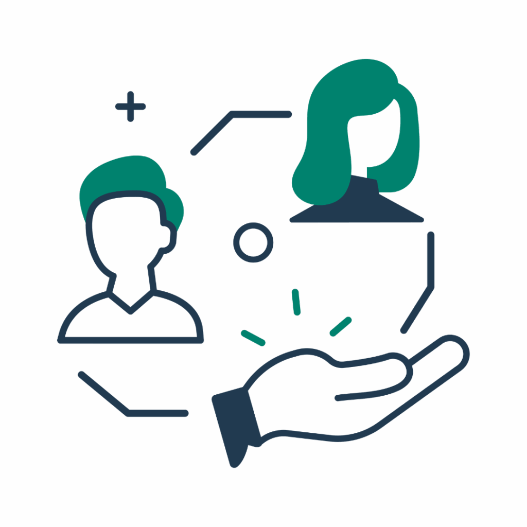 Line drawing of a hand supporting two illustrated people, with abstract shapes, representing support and teamwork—perfect for promoting music therapy courses or speech therapy for kids on the Gold Coast.