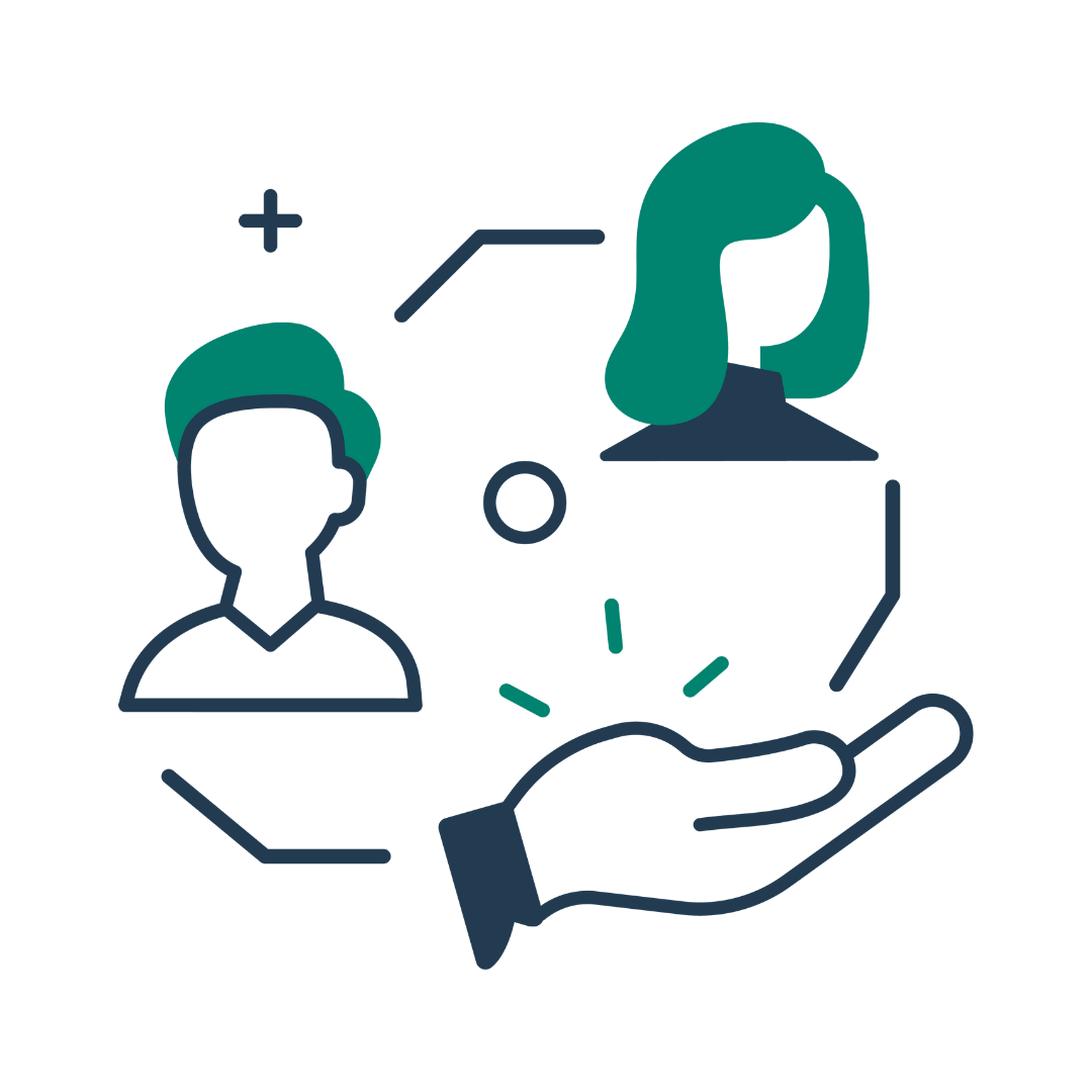 Line drawing of a hand supporting two illustrated people, with abstract shapes, representing support and teamwork—perfect for promoting music therapy courses or speech therapy for kids on the Gold Coast.