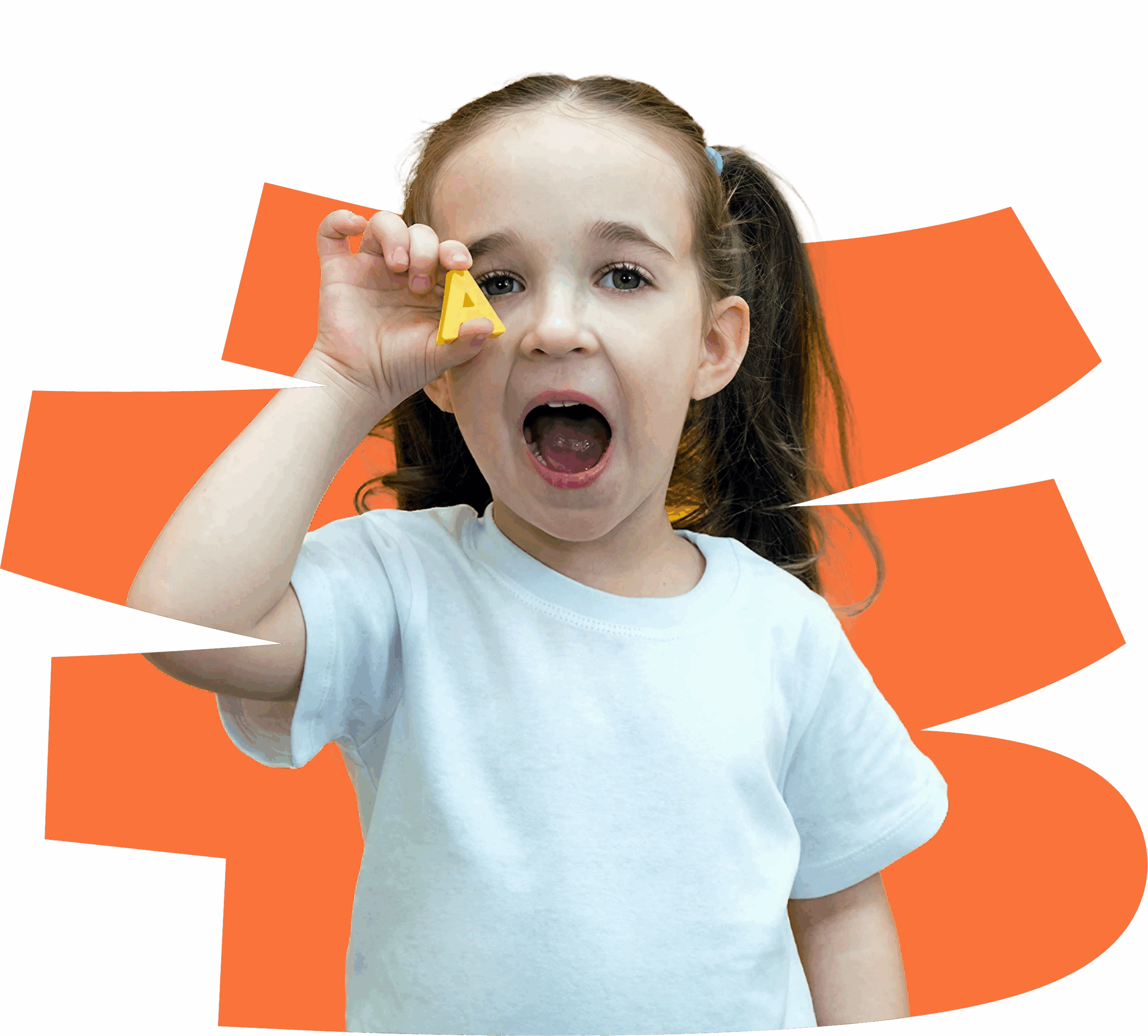 A young girl with brown hair in pigtails holds up a yellow letter A in front of her eye and opens her mouth wide—perfect for speech therapy for kids. She wears a white t-shirt and stands against an abstract orange background.