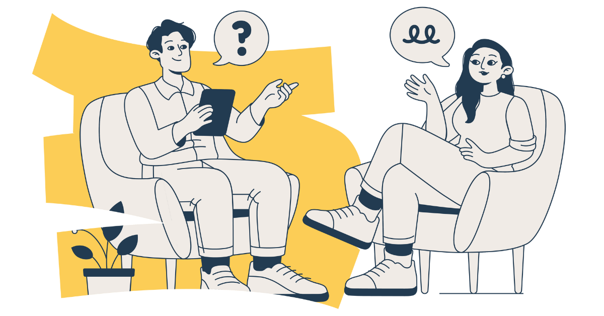 Illustration of two people sitting in chairs facing each other, having a conversation. One holds a tablet with a question mark in a speech bubble; the other gestures while speaking. Perfect for topics like speech therapy for kids. A potted plant is nearby.