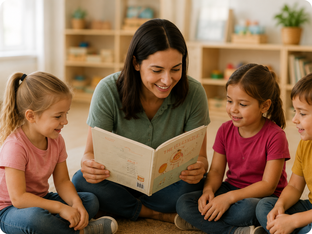 A kindy teacher sitting on the floor with 3 children, reading a book.