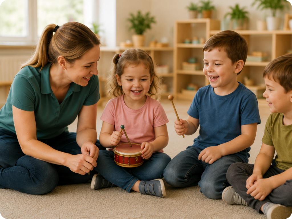 A teacher sitting onthe floor with a young girl and two boys who are playing musical instruments.
