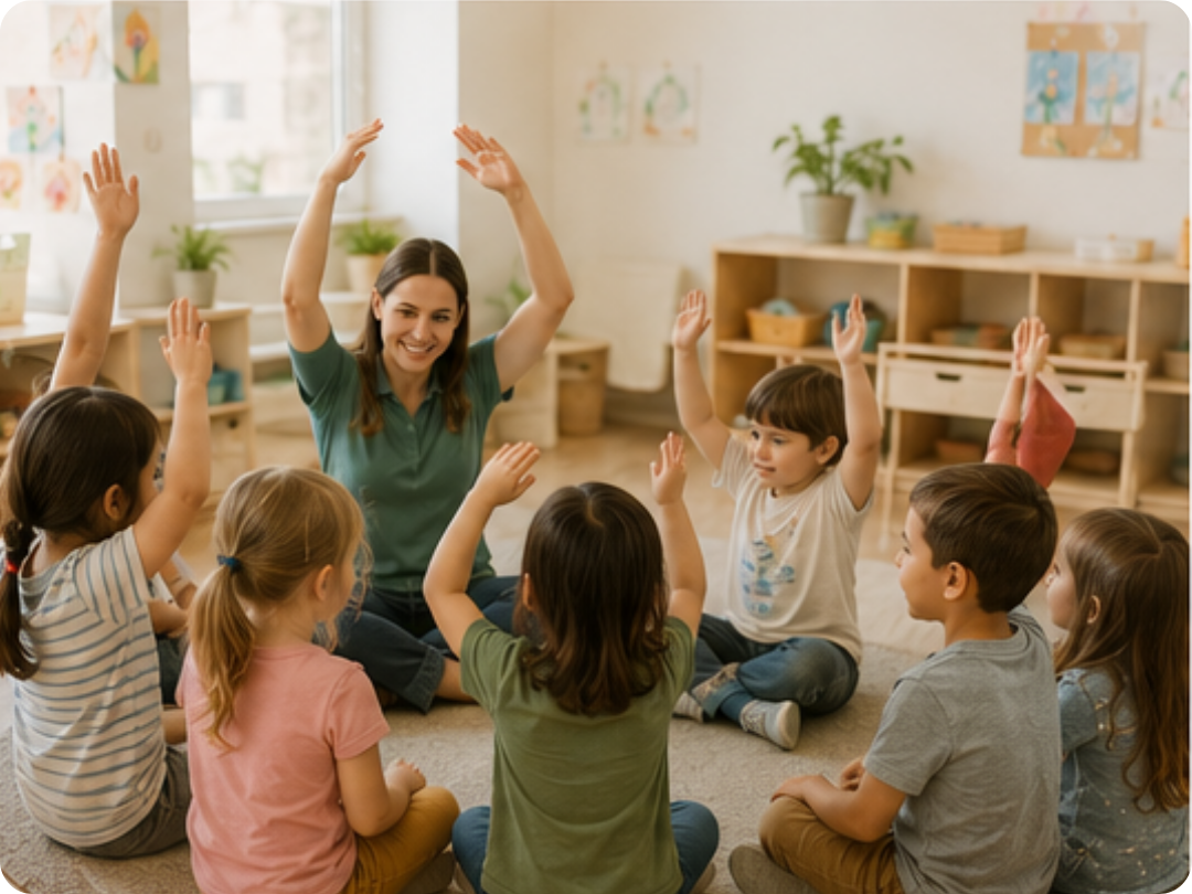 A kindy educator sitting on the floor with children during circle time, stretching their arms up in the air.