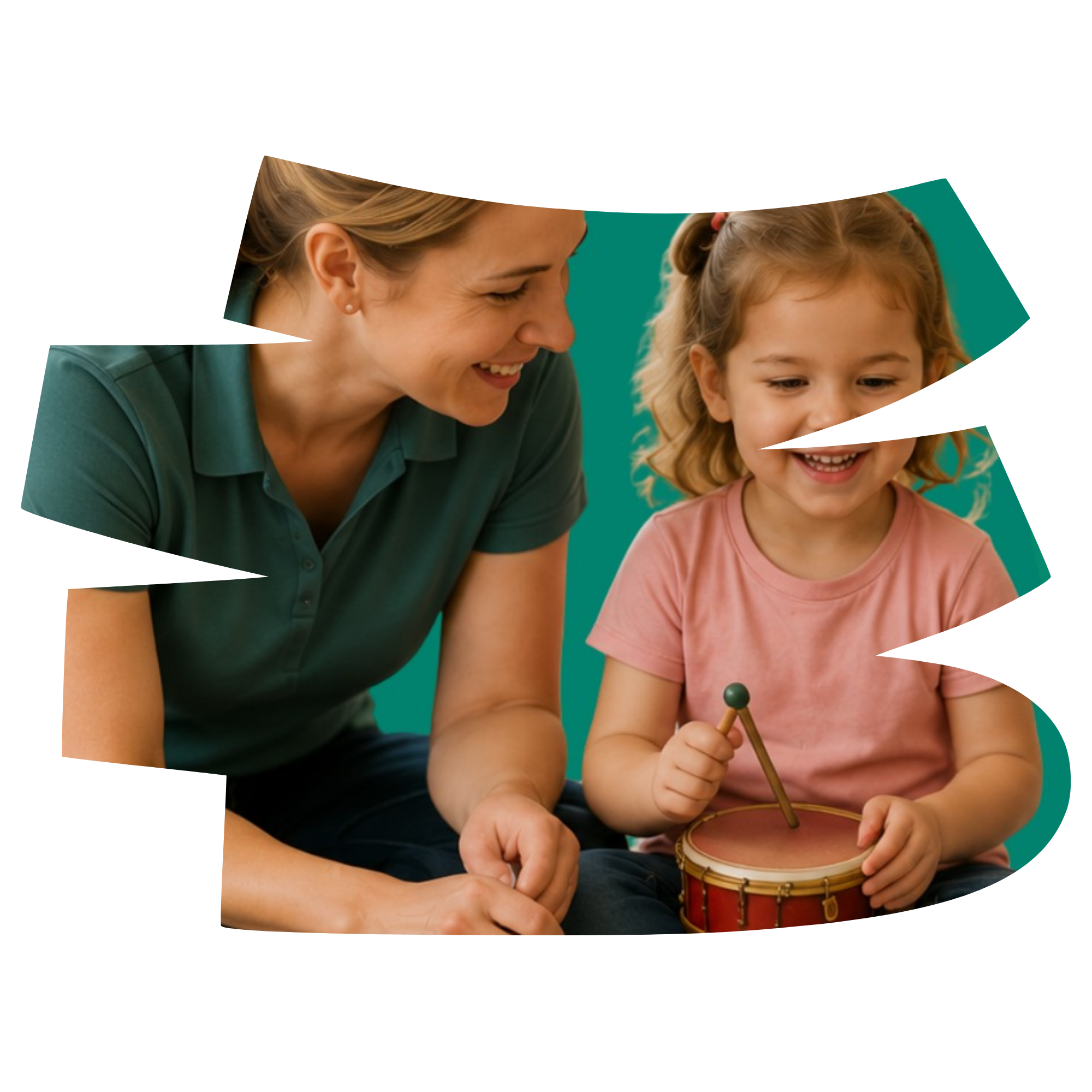 An early childhood educator sitting with a little girl, playing a small drum.