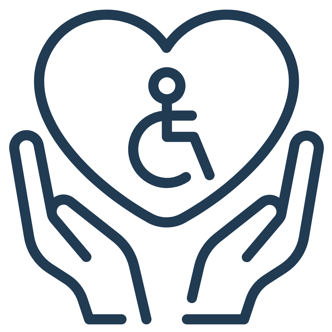 icon with two hands raised, holding a heart shape with a line drawing of a person in a wheelchair in the centre
